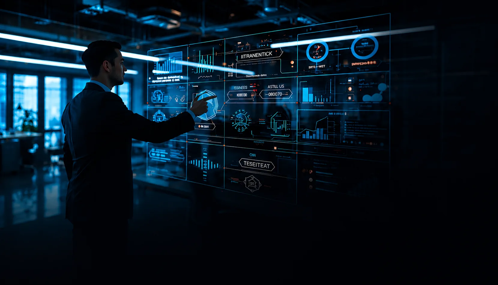 Darstellung automatisierter Geschäftsprozesse mit Management-Dashboard, digitalen Workflows und der Vernetzung verschiedener Unternehmensbereiche.