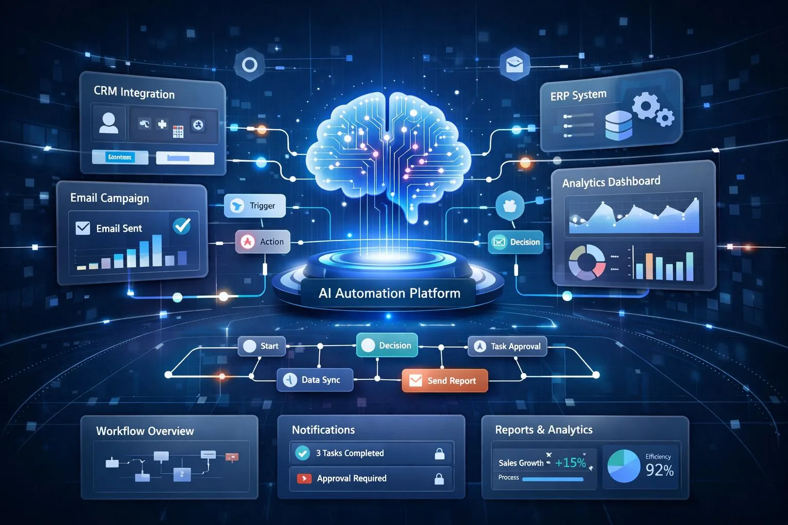 KI-gestützte Geschäftsautomatisierung mit vernetzten Prozessen für Kundenservice, Bestellungen und Datenanalyse