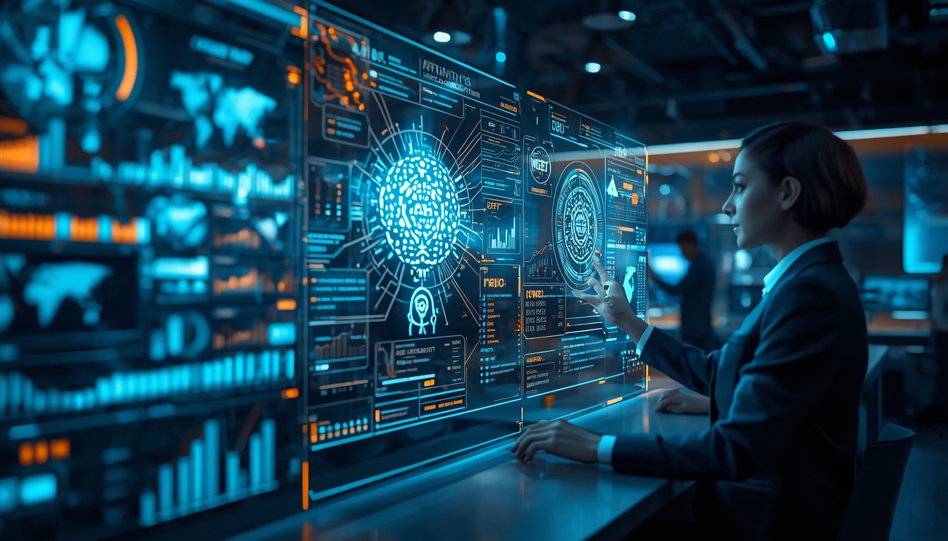 Eine konzeptionelle Darstellung des Einsatzes künstlicher Intelligenz für die Steuerung und das Wachstum moderner Unternehmen.