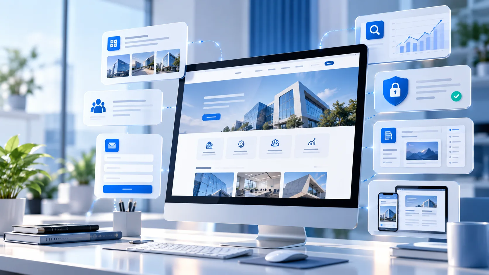 Professional business website design showing service pages, portfolio, contact forms, and content management features