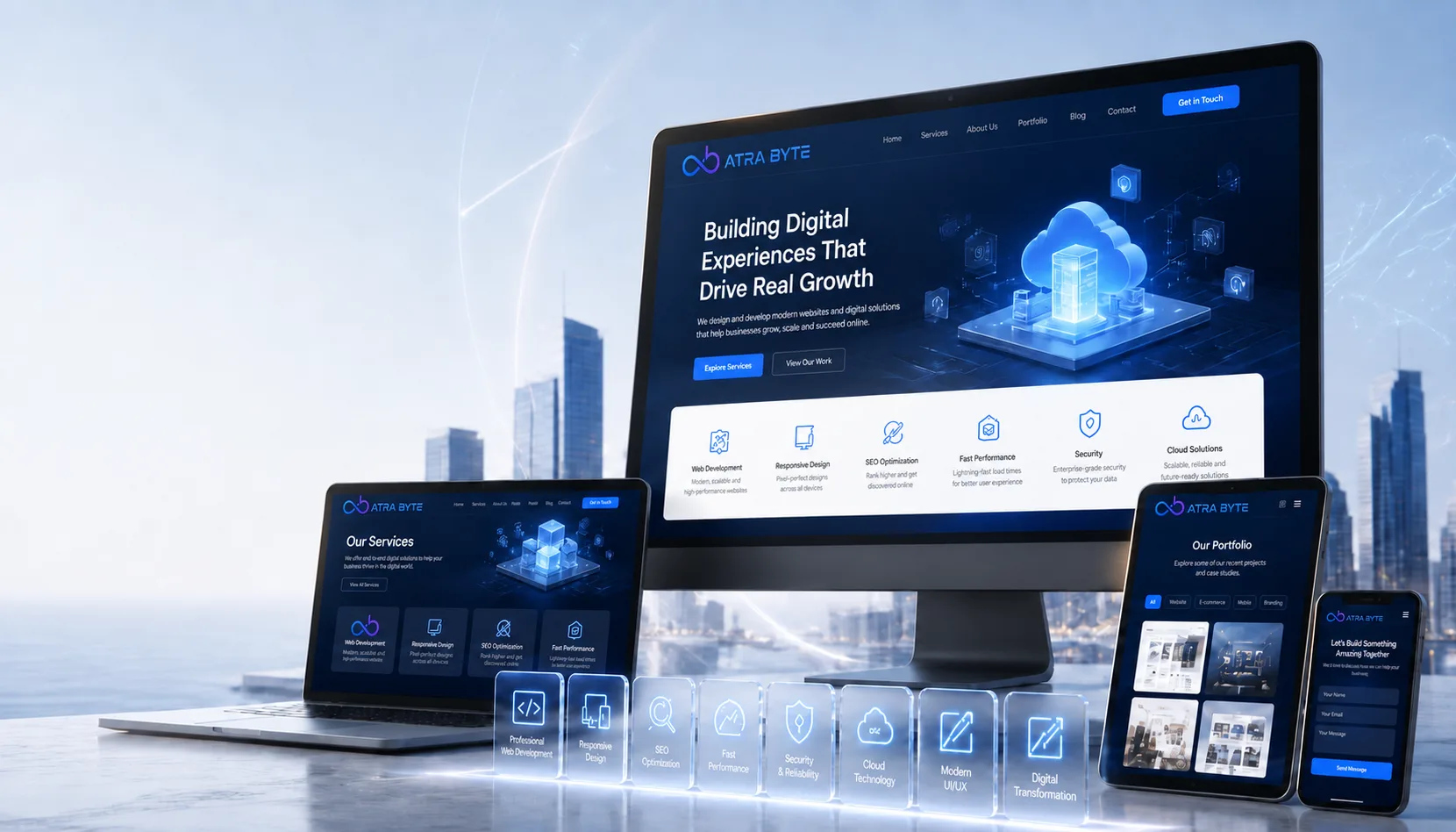 Responsives Unternehmenswebsite-Design auf Laptop, Tablet und Smartphone